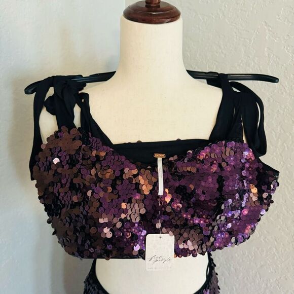 Free People Star Bright Sequin Two-Piece Crop Top & Midi Skirt, Lilac, Sz 4, NWT - Picture 9 of 10